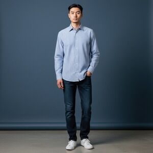 BEAMS Japan Mens Blue White Stripe Slim Fit Dress Shirt LS Button Up Size XS